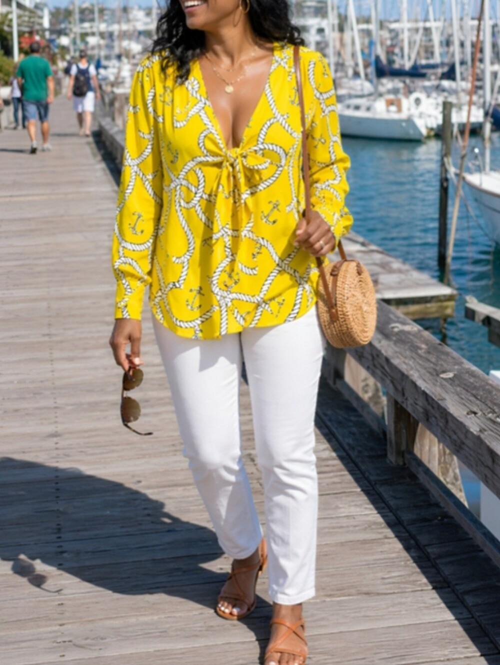Cabi yellow chiffon nautical blouse medium resortwear yacht club